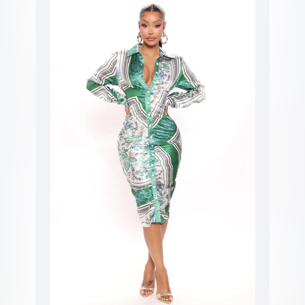 Fashion Nova Satin Midi Shirt Dress Button Green White Paisley M